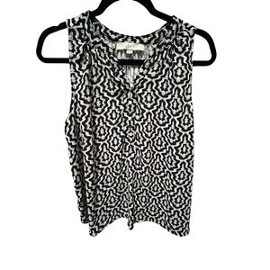 LOFT Womens Black White Geometric Ikat Sleeveless Henley Blouse‎ Size M